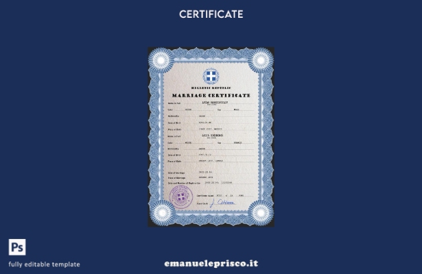 modello PSD del certificato di matrimonio greco in stile verificato